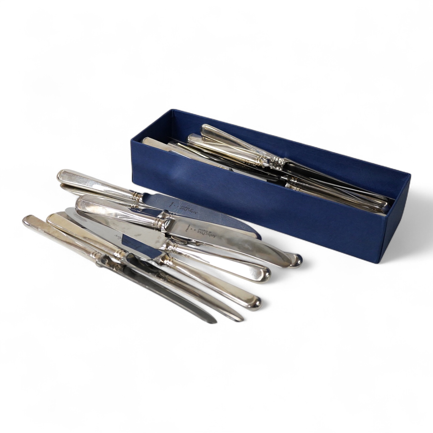 A set of twelve recent Arthur Price of Sheffield, silver plated handled steel table knives, 24cm and twelve matching dessert knives, 21.4cm.